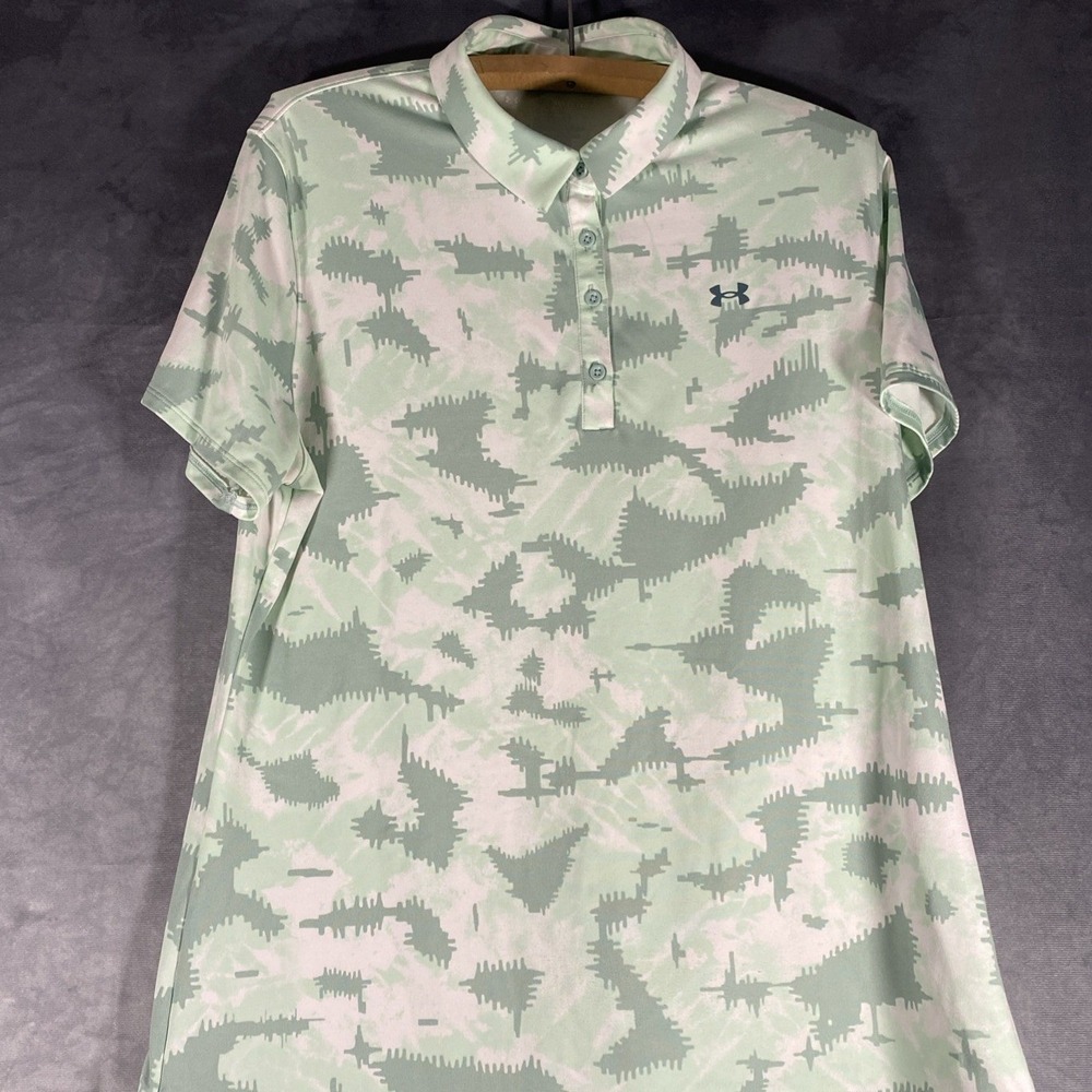 Under Armour Mens XL Fitted Polo Shirt Green White Abstract Digital‎ Print Golf
